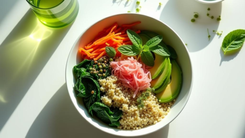 Matcha Quinoa Glow Bowl with avocado, spinach, kimchi, and edible flowers served in a minimalist white bowl on a sunlit table.