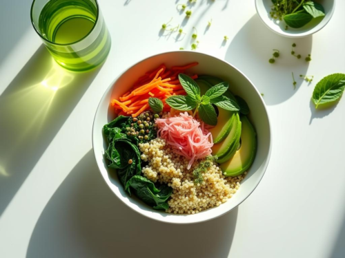 Matcha Quinoa Glow Bowl with avocado, spinach, kimchi, and edible flowers served in a minimalist white bowl on a sunlit table.