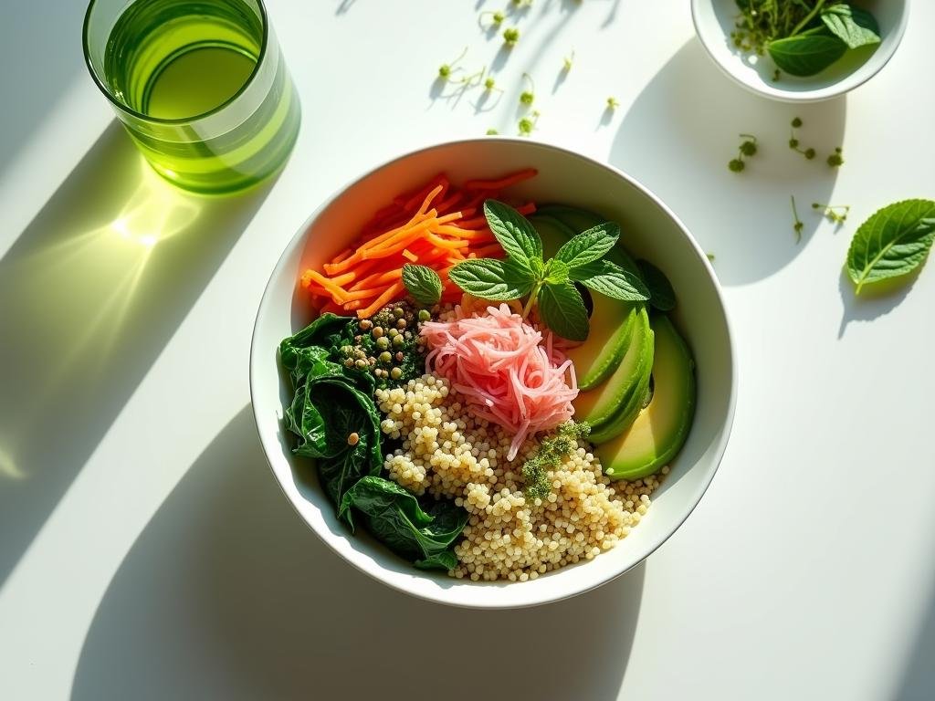 Matcha Quinoa Glow Bowl with avocado, spinach, kimchi, and edible flowers served in a minimalist white bowl on a sunlit table.