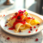 A photorealistic image of creamy pineapple-filled ravioli drizzled with glossy pomegranate sauce, styled on a minimalist white plate under golden light.