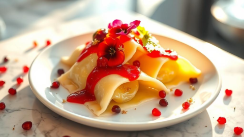 A photorealistic image of creamy pineapple-filled ravioli drizzled with glossy pomegranate sauce, styled on a minimalist white plate under golden light.