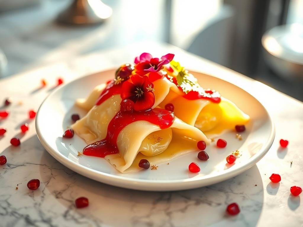 A photorealistic image of creamy pineapple-filled ravioli drizzled with glossy pomegranate sauce, styled on a minimalist white plate under golden light.