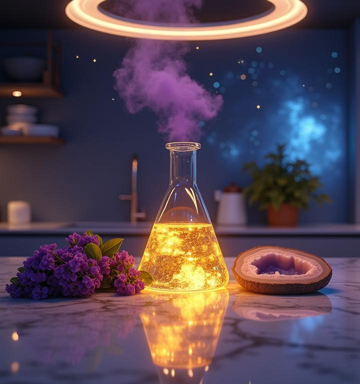 Cosmic kitchen altar with glowing elixir, basil leaves, and agate stone under starlight.