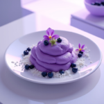 Vegan purple sweet potato mash with coconut–lavender drizzle in a minimalist cosmic bowl.
