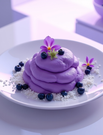 Vegan purple sweet potato mash with coconut–lavender drizzle in a minimalist cosmic bowl.