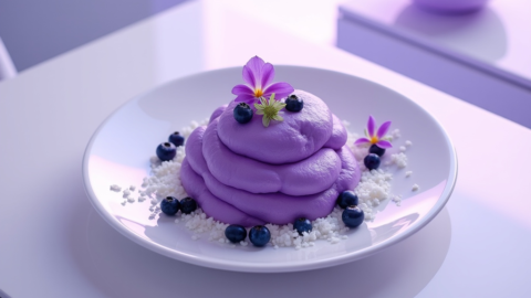Vegan purple sweet potato mash with coconut–lavender drizzle in a minimalist cosmic bowl.