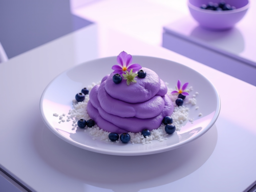 Vegan purple sweet potato mash with coconut–lavender drizzle in a minimalist cosmic bowl.