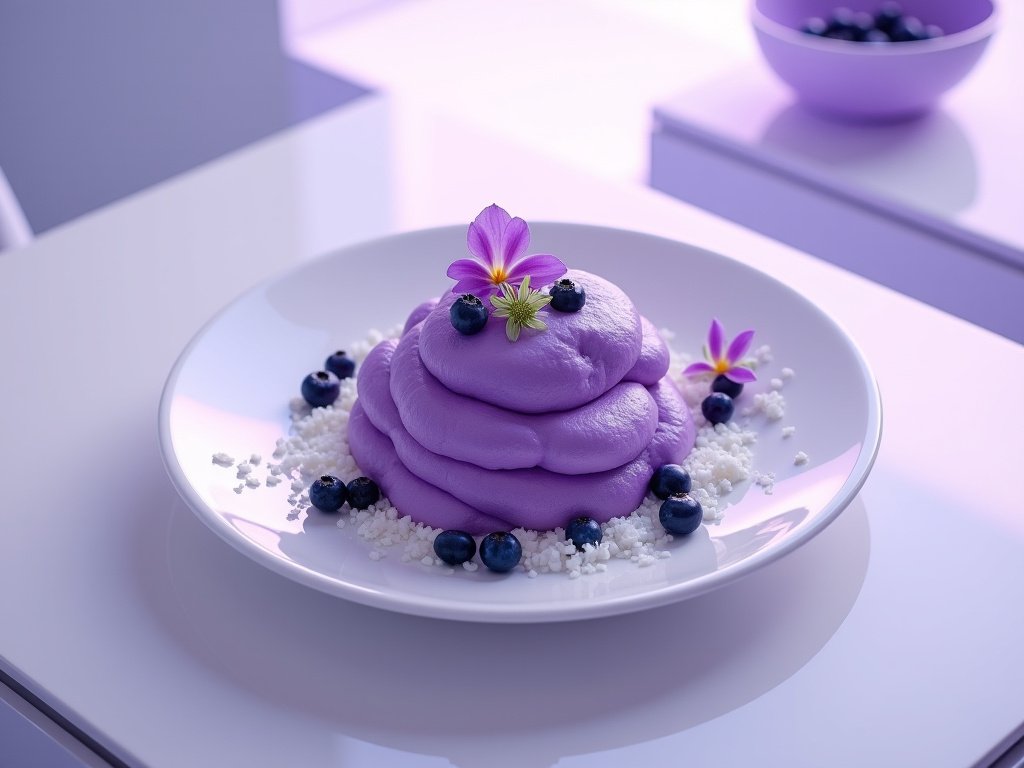 Vegan purple sweet potato mash with coconut–lavender drizzle in a minimalist cosmic bowl.