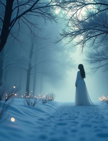 Futuristic winter landscape with soft darkness, glowing roots, and a calm feminine energy field