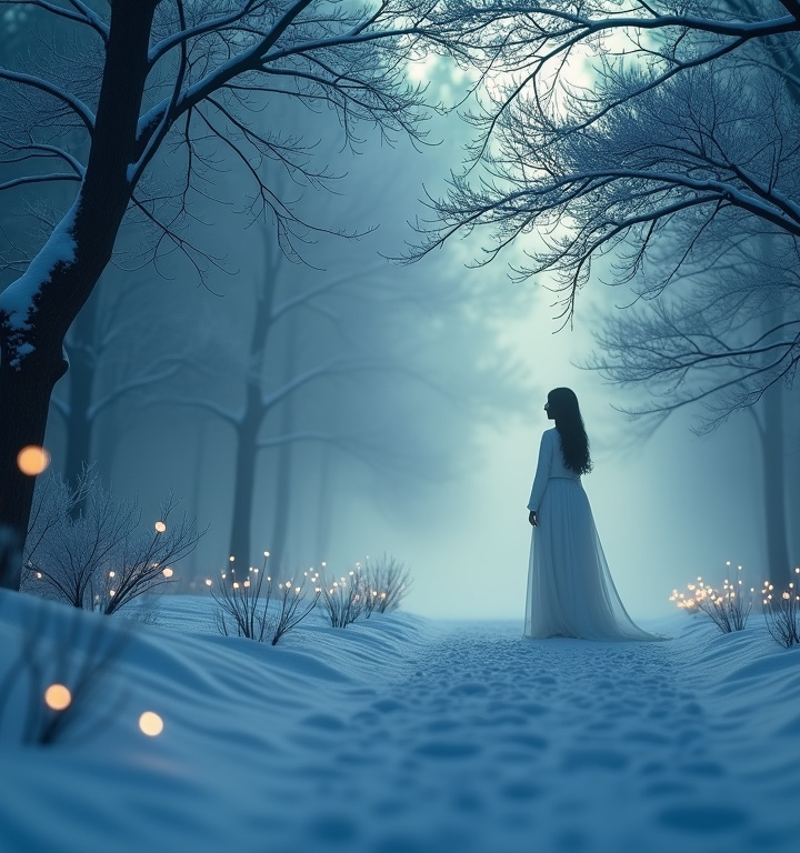 Futuristic winter landscape with soft darkness, glowing roots, and a calm feminine energy field